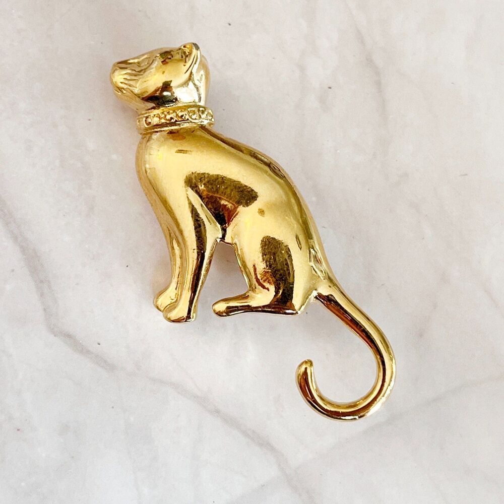 Givenchy Vintage Cat Brooch Pin Gold Tone Curled Tail